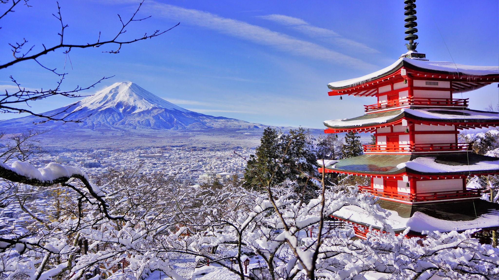 JAPAN - NOVEMBER 25, 2016: The Chureito Pagoda with the background of Mount Fuji during winter.This is one of the famous spot to take pictures of Mount Fuji. 