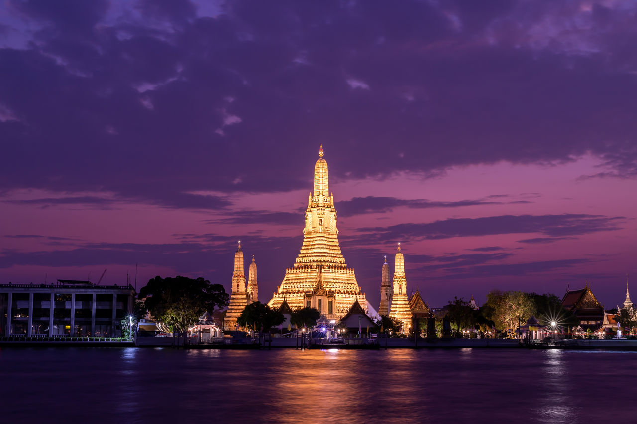 Wat Arun Ratchawararam Ratchawaramahawihan Public Landmark in Bangkok in sunset time with reflections on water Night shot.